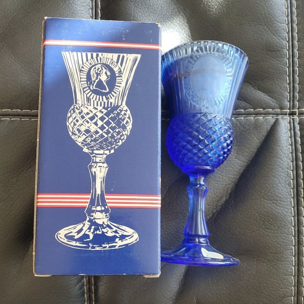 NOS Vintage Avon Fostoria Martha Washington Cobalt Blue Glass Goblet Candle 8 In